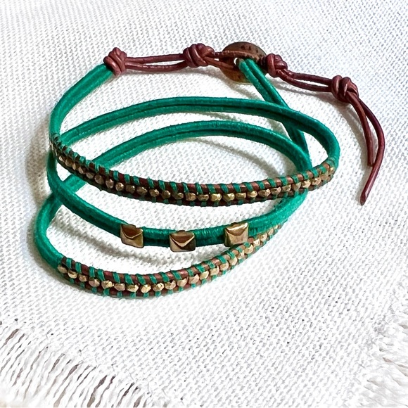 CHAN LUU Sterling & Gold Vermeil Nugget & Leather Green Wrap Boho Bracelet - Picture 2 of 6